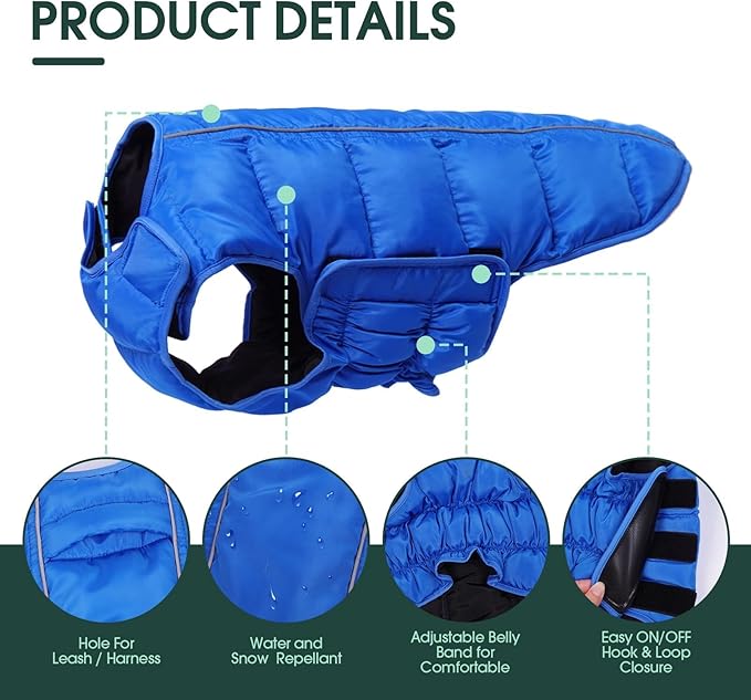 Kuoser Dog Puffer Jacket Warm Dog Coat for Small Dogs, Windproof Reflective Pet Padded Vest Cold Weather Clothes Puppy Snowsuit with Hook & Loop Coats, Easy On/Off, Blue S
