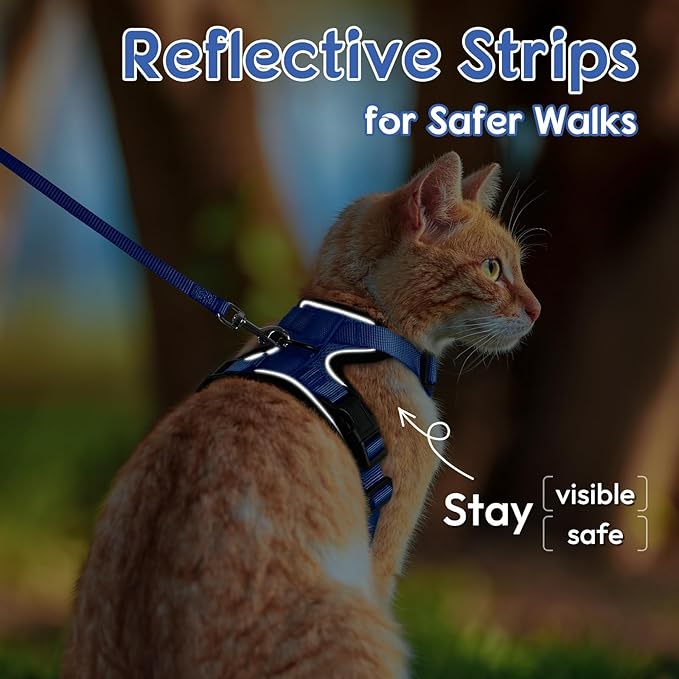 Dooradar Cat Harness and Leash Set, Escape Proof Safe Adjustable Kitten Vest Harnesses for Walking, Easy Control Soft Breathable Mesh Jacket with Reflective Strips for Cats, Blue, M