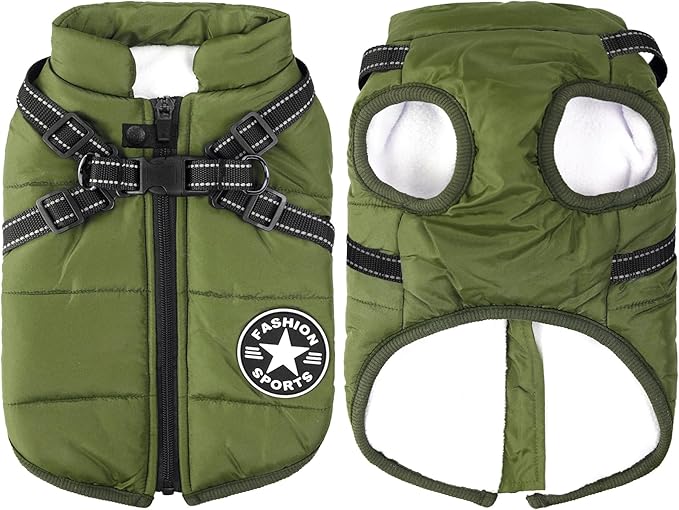 Aiboria Dog Jackets for Winter Windproof Waterproof 2 in 1 Outfit Cold Weather Coat Dog Vest Harness Puppy Winter Warm Jacket Green L