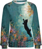 Abstract Cute Cat Shirts for Women Long Sleeve Lady Crewneck Pullover Sweatshirt Fall Winter Oversized Tops