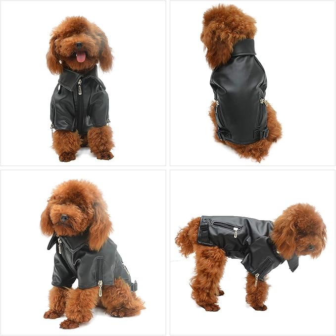 Lovelonglong Cool Dog Leather Jacket, Warm Coats Dogs Windproof Cold Weather Coats for Large Medium Small Dogs, Yorkshire Terrier Clothing Black S