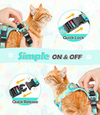 Halypet Cat Harness and Leash Set[MAX Safety 4th-Gen] Cute Escape Proof Vest Harness for Girl&Boy Cat Walking, Comfortable Adjustable Leash and Reflective Strips for Outdoor Kitten, XS Green Tropics