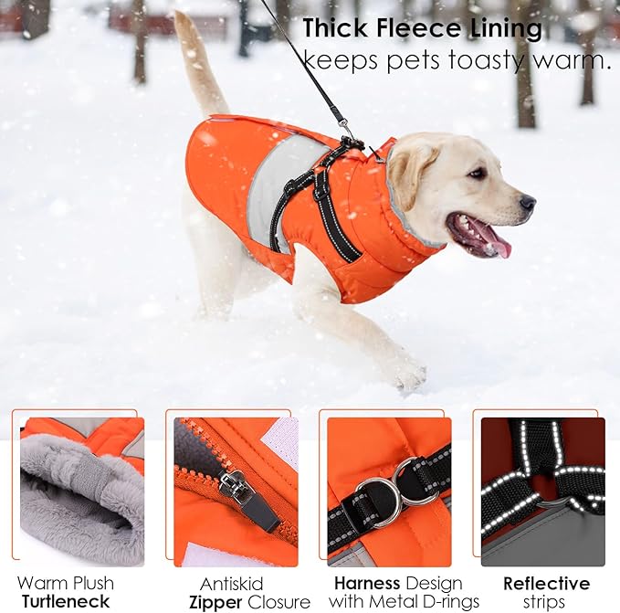 AOFITEE Dog Coat Warm Dog Winter Coat, Waterproof Dogs Jacket with Harness, Dogs Snow Jacket Snowsuit with Zipper & Furry Collar, Reflective Windproof Pet Sweater for Cold Weather, French Bulldog, L