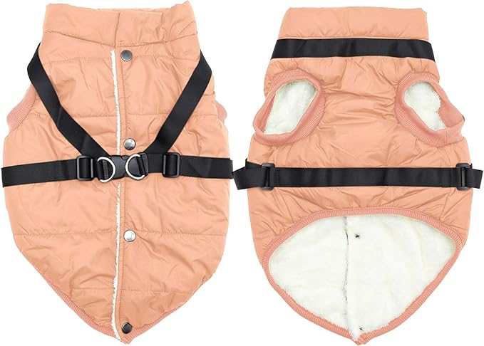 Dog Jacket with Harness,Fleece Lined Warm Puppy Coat for Winter,Soft Windproof Medium Dog Vest,LightOrange L