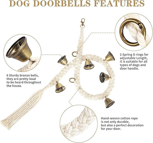 2 Pack Dog Bells for Door Potty Training, Handwoven Cotton Rope Dog Doorbell with 6 Extra Loud Bells, Adjustable Dog Door Bells for Small Medium Large Dogs to Ring to Go Outside, Beige