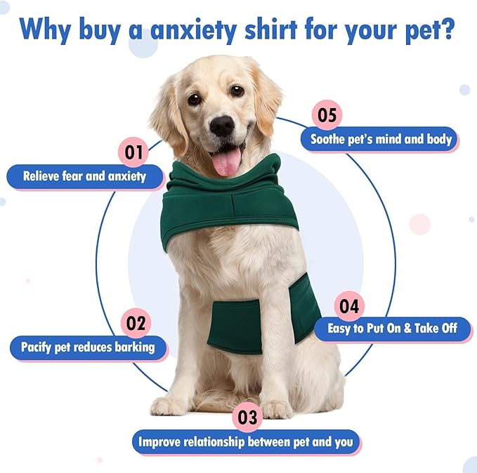 X-Large Dog Fireworks Anxiety Vest with Adjustable Chest,Hood Neck Wraps,Soft Lightweight Calming Shirt for Lightning,Storms,Separation,Home Alone(DarkGreen)