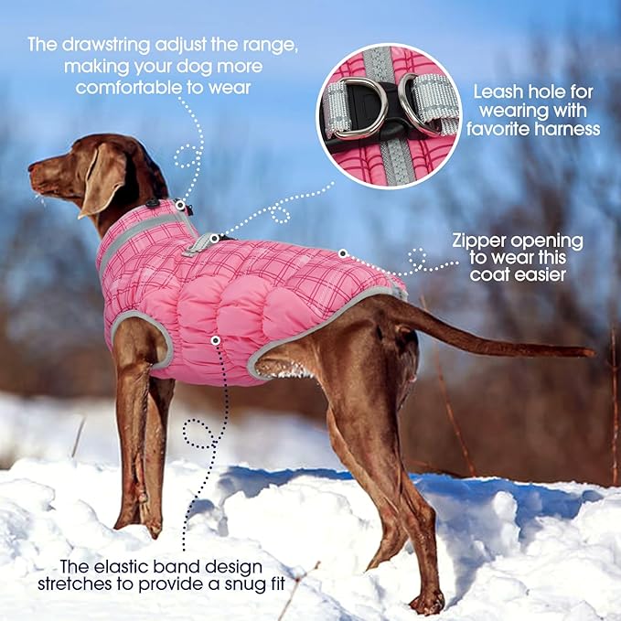 FUAMEY Dog Coat for Small Dogs,Waterproof Dog Winter Jacket with Harness Built in Puppy Cold Weather Coats Reflective Pet Vest with Zipper Warm Fleece Dogs Snowsuit Windproof Rose Plaid XS