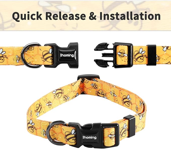 Ihoming Dog Collar and Leash Set for Daily Outdoor Walking Running Training, Bee Design for Medium Boys Girls Dogs Cats Pets, M-Up to 45LBS