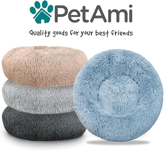 PetAmi Calming Dog Bed for Small Medium Dog Cat, Round Donut Washable, Fluffy Faux Fur Plush Cuddler Pet Kitten Cushion, Anti-Slip, Fits up to 45 lbs, 30 inch, Dusty Blue