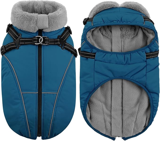 Queenmore Small Dog Coat,Dog Coat for Small Dogs,Reflective Windproof Dogs Jackets with Built-in Harness,Doggy Winter Jacket with Zipper On Back,Warm Pet Coats with Fleece Lining,Blue,S