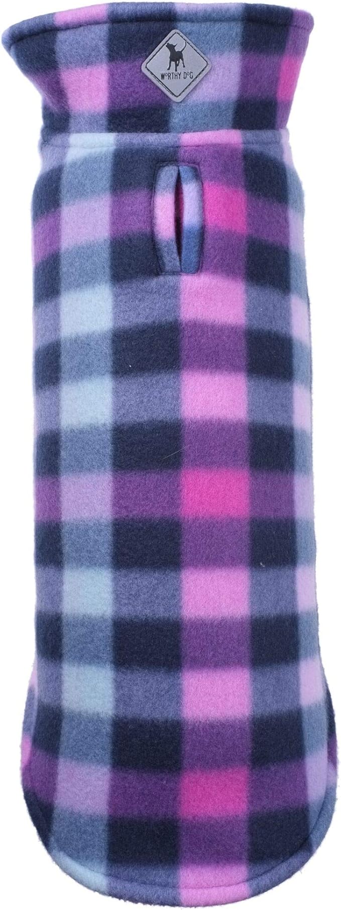 The Worthy Dog Fargo Fleece Check Dog Jacket, Adjustable Reversible with Harness Hole, Wind-Resistant, Winter Outdoor Clothes for Pets, Purple - 10''