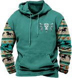 HOTYD Mens Western Aztec Sweatshirts Long Sleeve Fall Fashion Drawstring Pullover Vintage Graphic Cowboy Hoodie for Men