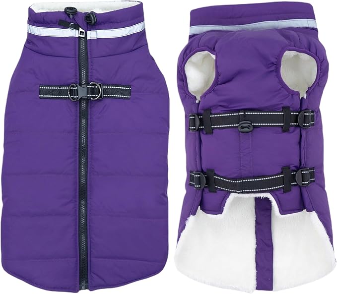 Small Dog Coat with Harness Built-in, Waterproof Reflective Fleece Lined - Warm Windproof Winter Jacket with Back Zipper, Cold Weather Snow Dog Coats - Purple - XS