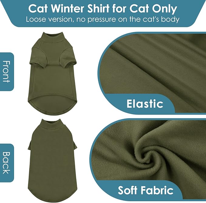SUNFURA Turtleneck Sweater for Cat, Sphynx Cats Shirt Hairless Cat Sweaters with Sleeves, Warm and Soft Kitten Pullover Fleece Winter Pajamas Jumpsuit for Puppy Cats, ArmyGreen S