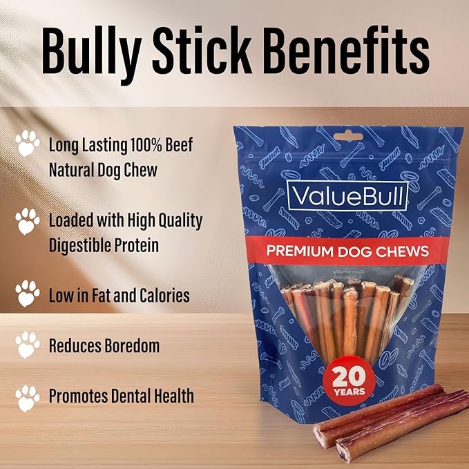 ValueBull Bully Sticks for Small Dogs, Extra Thin 6 Inch, 400 Count Wholesale Pack - All Natural, Grass Fed, Single Ingredient, Long Lasting Dog Treats