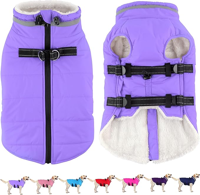 Dogcheer Dog Coat with Harness, Waterproof Dog Jacket Adjustable Winter Coat with Zipper, Christmas Puppy Snow Jacket Fleece Sweater for Small Medium Large Dogs - Taro Purple XS