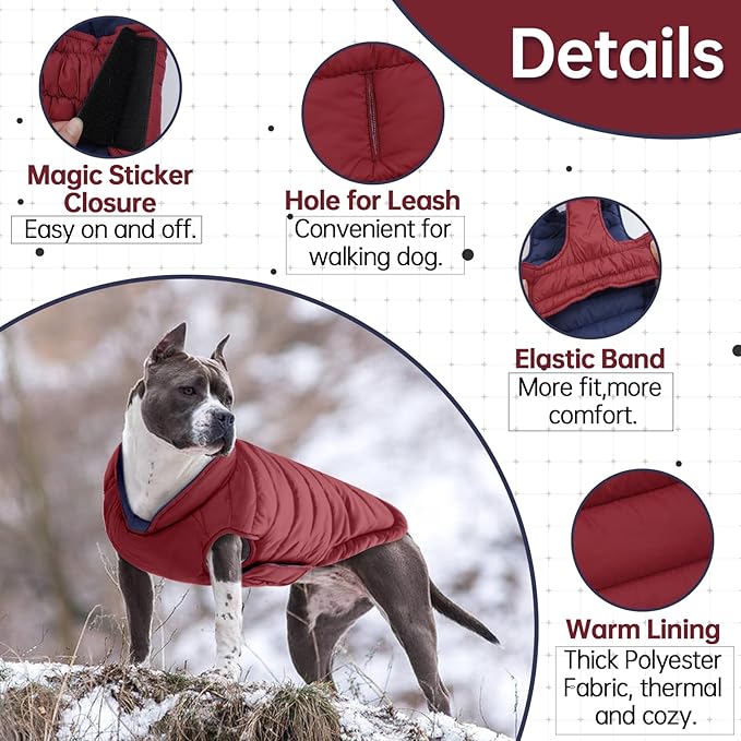 Lelepet Reversible Dog Coat Waterproof Dog Jacket Windproof Puffer Vest for Winter Warm Lightweight Coats for Large Dogs Adjustbale Hook & Loop Pet Apparel with Leash Hole, Boxer, Weimaraner, 2XL