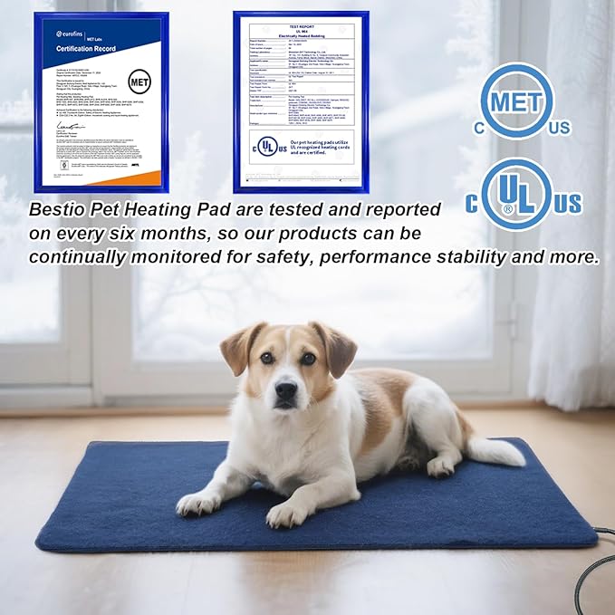 Bestio Extra Large Dog Heating pad,47×30 in Heated Dog Bed Adjustable Thermostat (1-24 Hours) and Chew Resistant Steel Cord with One Blue Plush Cover