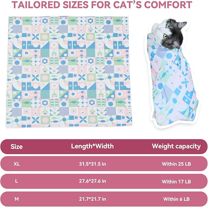 Cat Grooming Wrap for Cutting Nails, 21.6" Anti-Escape Calming Cat Swaddle Wrap for Medicine, Nail Clipping, Teeth Brushing, Ear Cleaning, Self-Adherent Burrito Restraint, (Geometric Fish, M)
