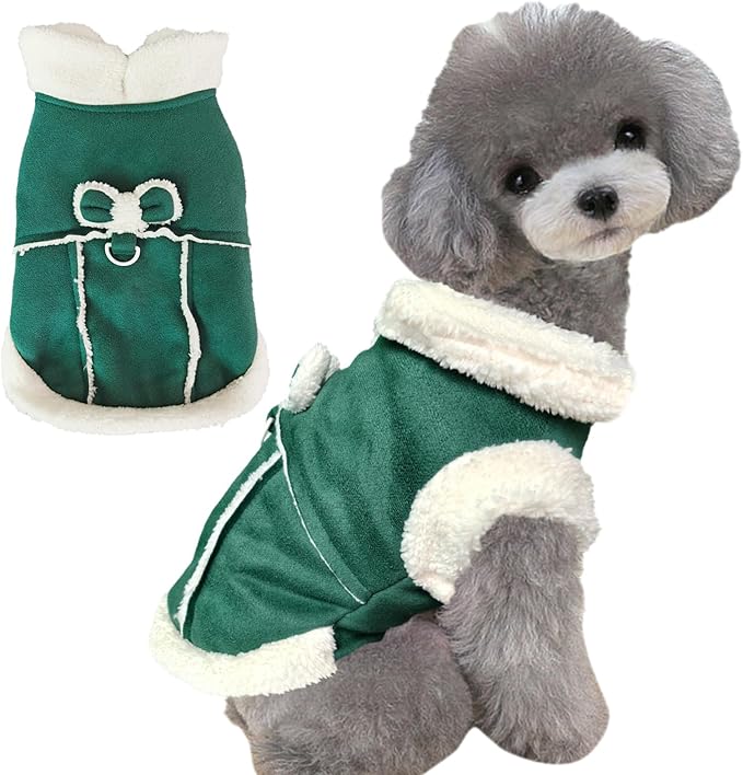 Jecikelon Bowtie Dog Cold Weather Coat Fleece Lining Warm Pet Puppy Turtleneck Dogs Winter Clothes for Small Dogs with D-Ring (Green, X-Small)