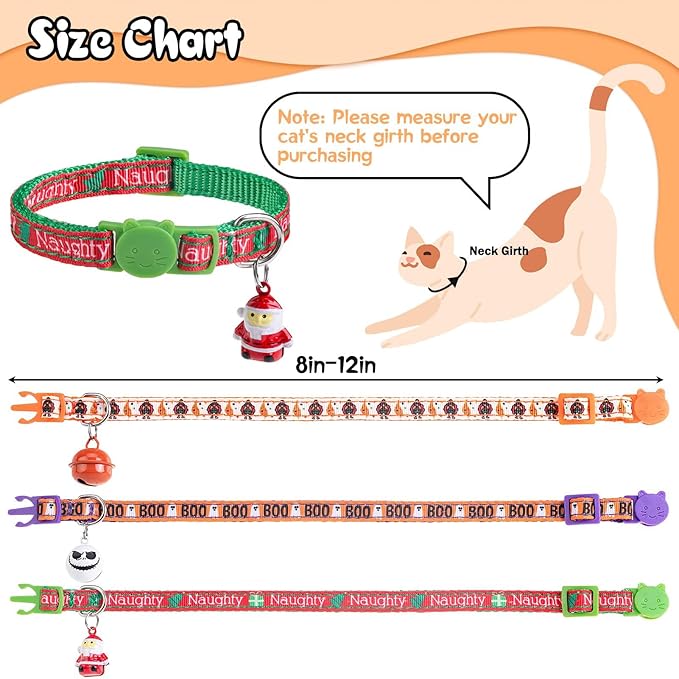 Halloween Cat Collar with Bells, Thanksgiving Cat Collar Breakaway, Christmas Kitten Collars for Girl Boy Cats, Fall Kitty Holiday Collars Adjustable 8-12inch