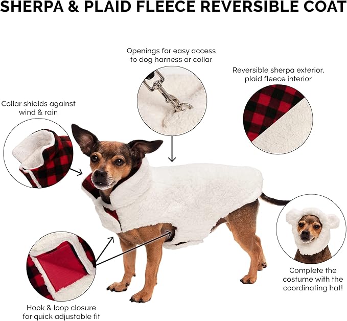 Furhaven Reversible XS Dog Coat, Washable & Insulating w/ Leash Access - Sherpa & Plaid Fleece Flex-Fit Jacket - Cream/Red, Extra Small