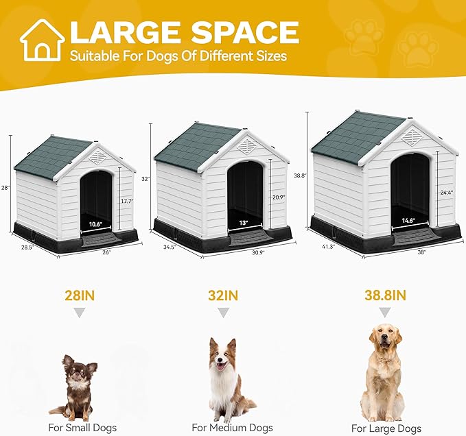 DWVO Plastic Dog House, Weatherproof Outdoor/Indoor Doghouse, Puppy Kennel with Air Vents and Elevated Floor