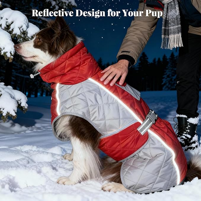 Dog Coat Dogs Winter Coat- Fleece Lined,Water-Resistant,Convertible Collar,Back Reflective Strip&Easy to Wear for Outdoor Walking Dog-Jacket(Red, X-Large)