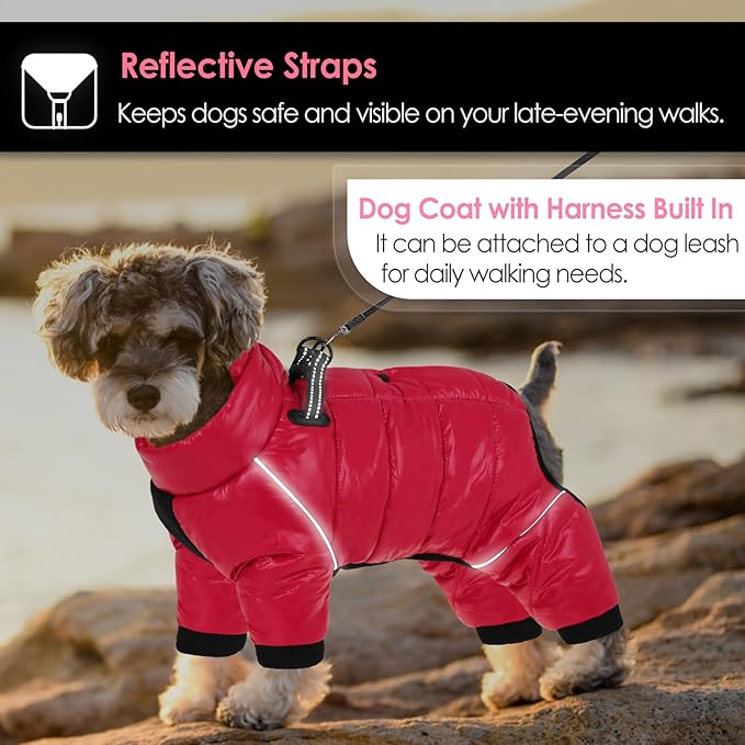 AOFITEE Dog Coat, Waterproof Dog Jacket for Winter, Warm Fullbody Dogs Snowsuit, Winter Coat for Small Dogs, Zip Up Pet Puffer Jacket Fleece Vest, Outdoor Reflective Pet Coats, Christmas Red, Medium