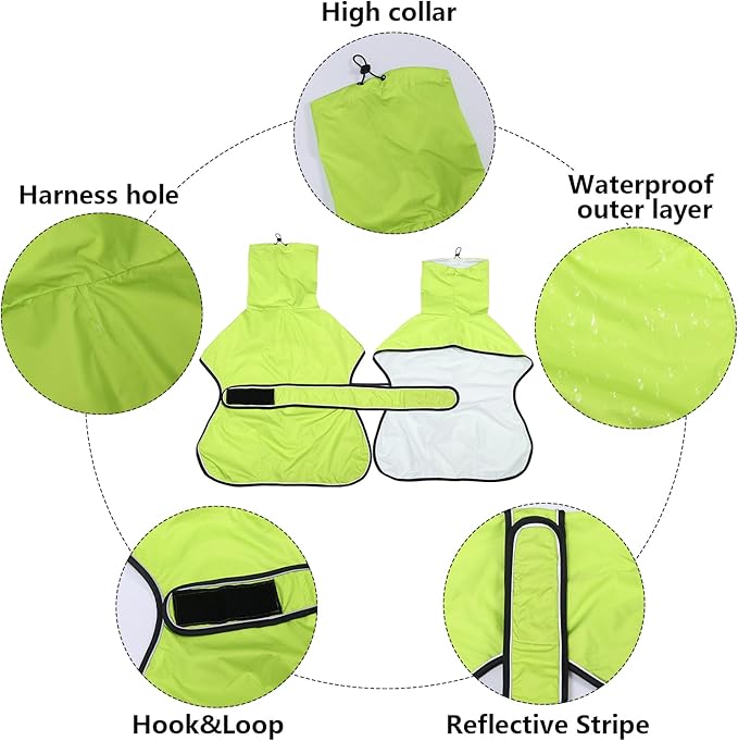 Dog Raincoat with Reflective Bar, Rain/Water Resistant, Adjustable Vest - Dog Raincoats for Greyhounds, Lurchers and Whippets - Light Green - S