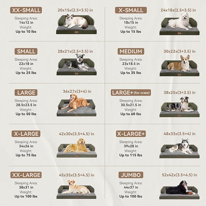 Large Dog Bed Orthopedic Washable - Beds Bolster Pet - XL Large Big Dogs - Memory Foam - Couch Sofa Bed- Waterproof with Removable Cover - Dark Green Dog Bed