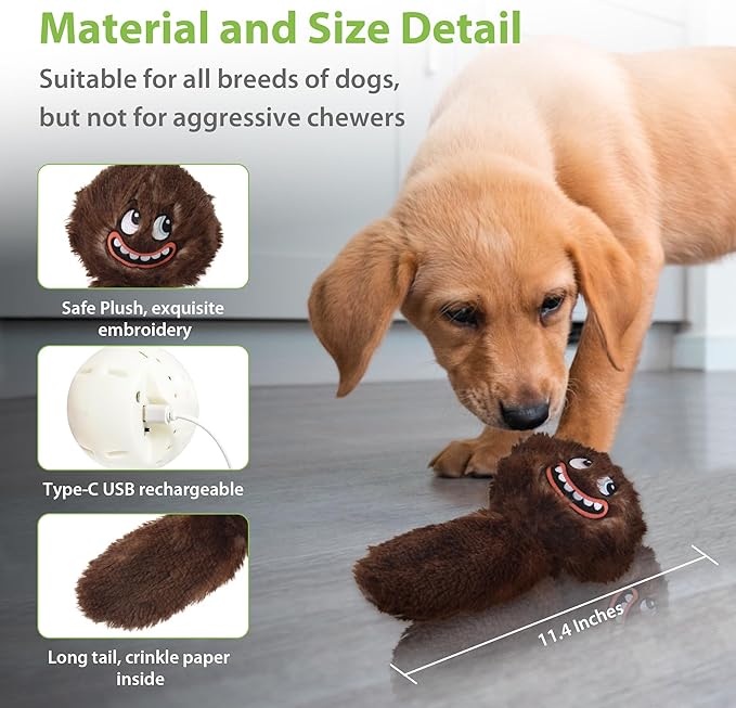 PETGEEK Interactive Squeaky Dog Toy, Upgraded Automatic Moving Vibrating Dog Ball with Plush Cover, 900mAh Rechargeable Bouncing Ball with Recording Music Mode, Crinkle Dog Toy for Pet Boredom, Brown