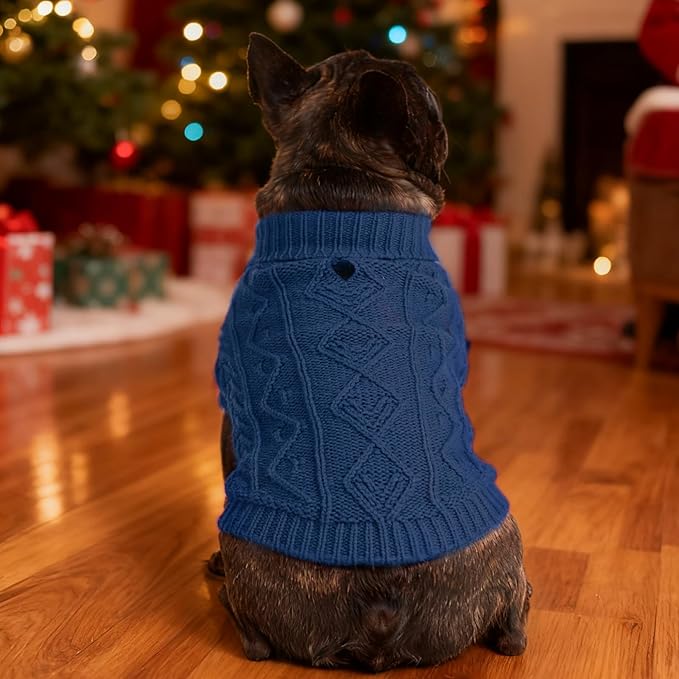 PUPTECK Dog Sweater, Turtleneck Warm Knitted Pullover Coat, Thick Cable Knitwear Clothes in Winter, Pet Apparel Outfits for Small Medium Dogs, for Cold Weather Indoor & Outdoor, Deep Blue M