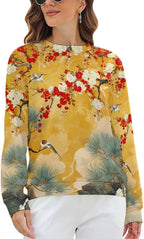 Womens Long Sleeve Tops Y2k Japanese Art Print Sweatshirts Fall Pullover for Women Crewneck Vintage Shirts Boho Tops