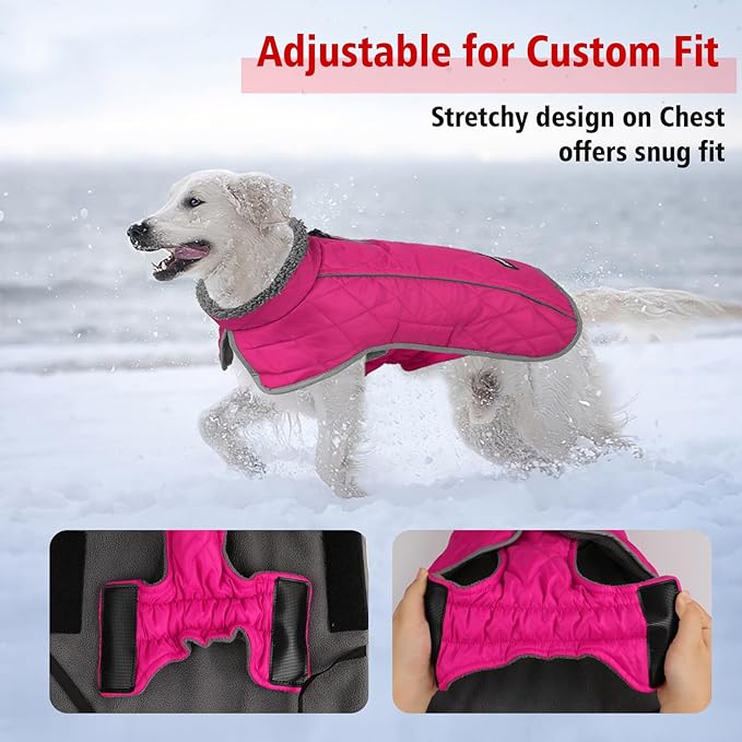 Fragralley Dog Coat Medium, Waterproof Dog Jacket with Warm Fleece Lining, Adjustable Reflective Dogs Winter Coat, Turtleneck Pet Coats for Cold Weather (Rose Pink M)