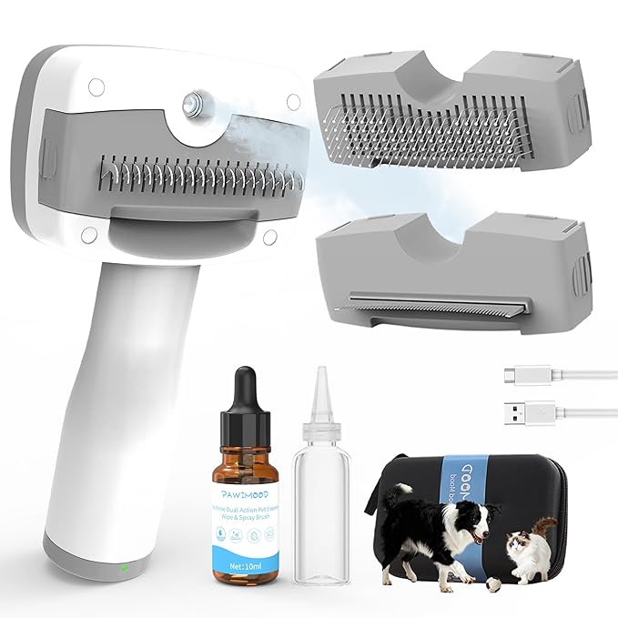 5-in-1 Pet Steam Brush for Dogs & Cats-Self-Cleaning Steam Dog Brush with 3 Swap-in Heads (Grooming, Dematting, Deshedding),Cat Spray Hair Removal Comb,Includes Pet Essence & Storage Case