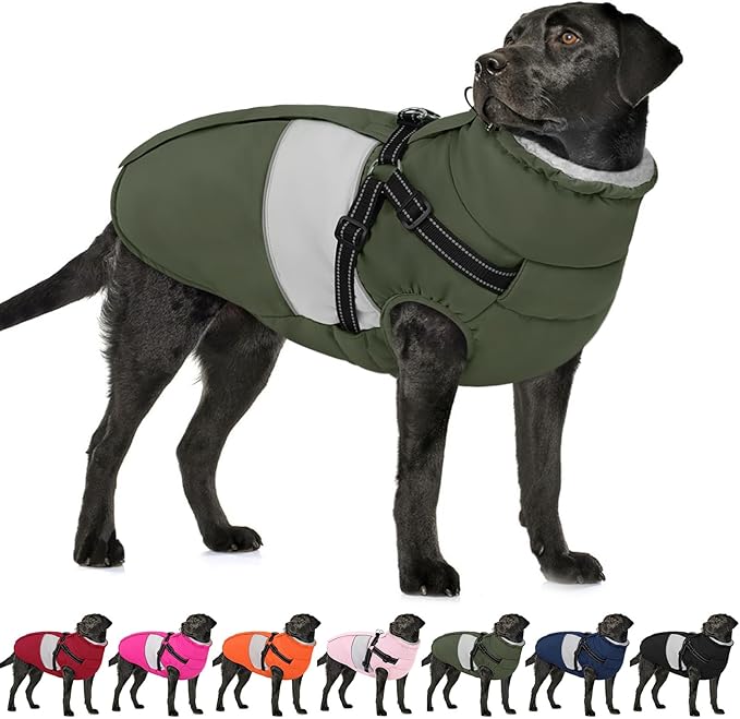 AOFITEE Dog Coat Warm Dog Winter Coat, Waterproof Dogs Jacket with Harness, Dogs Snow Jacket Snowsuit with Zipper & Furry Collar, Reflective Windproof Pet Sweater for Cold Weather, French Bulldog, L