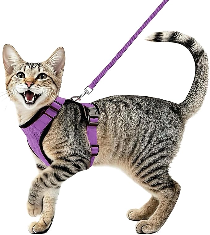 Cat Harness and Leash Set,Escape Proof Adjustable Cat Harness,Soft and Breathable Kitten Harness and Leash with Reflective Strips for Walking and Traveling(Purple, Small(8.9-16.6lb))