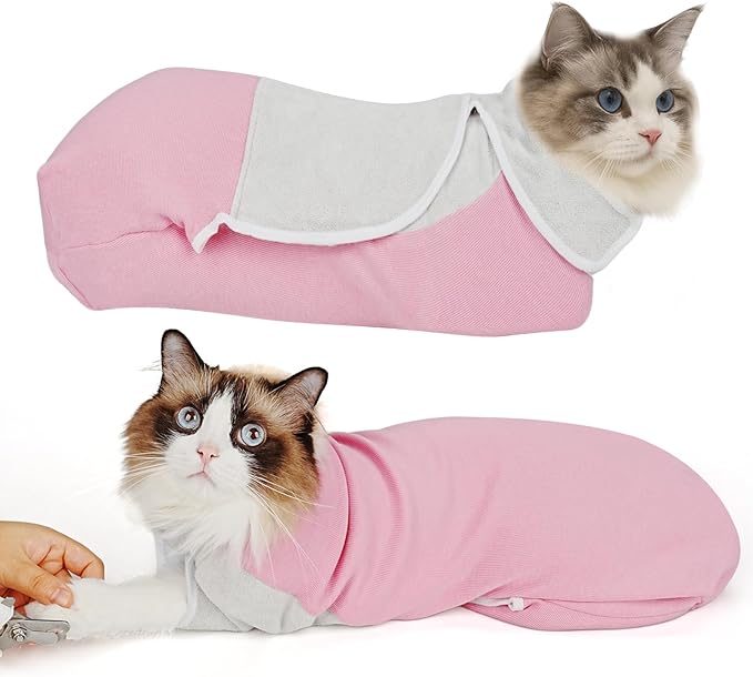 Self-Adhesive Cat Grooming Wrap, Cozy Cat Wrap for Cutting Nails, Breathable Anti-Scratch Cat Swaddle Bag for Brushing, Ear Cleaning, Dental Care, Medication, Injections, Pink S