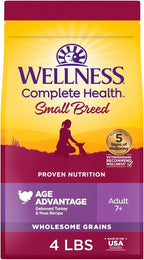 Wellness Complete Health Senior Dry Dog Food, Small Breed, Wholesome Grains, Natural, Age Advantage Turkey & Peas Recipe, (4-Pound Bag)