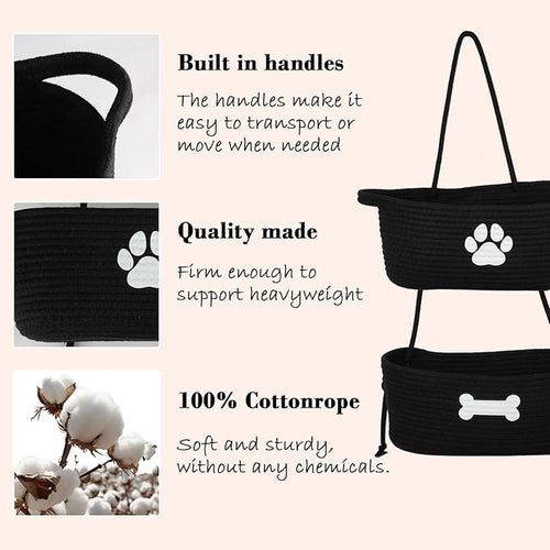 2-Tier Dog Baskets,Over Door Hanging Oganizer for Pet Stuff with Metal Hooks,Cotton Rope Wall-Mounted Storage Organizer for Dog Leash/Harness/Small Toys/Trash bag - Black