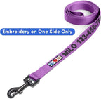 Pawtitas Personalized Dog Leash Embroidered Customize with Your Pet Name & Phone Number Puppy 6 ft Long Medium Large Purple Custom Engraved, Customized M/L (Pack of 1)