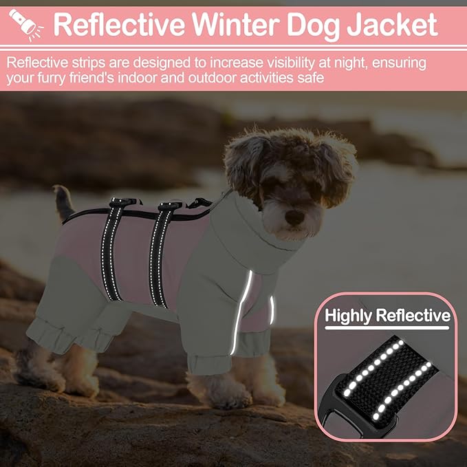KOESON Four Legged Warm Dog Jacket with Adjustable Buckles, Turtleneck Windproof Fleece Reflective Fullbody Puffer Coat - Pink Grey M