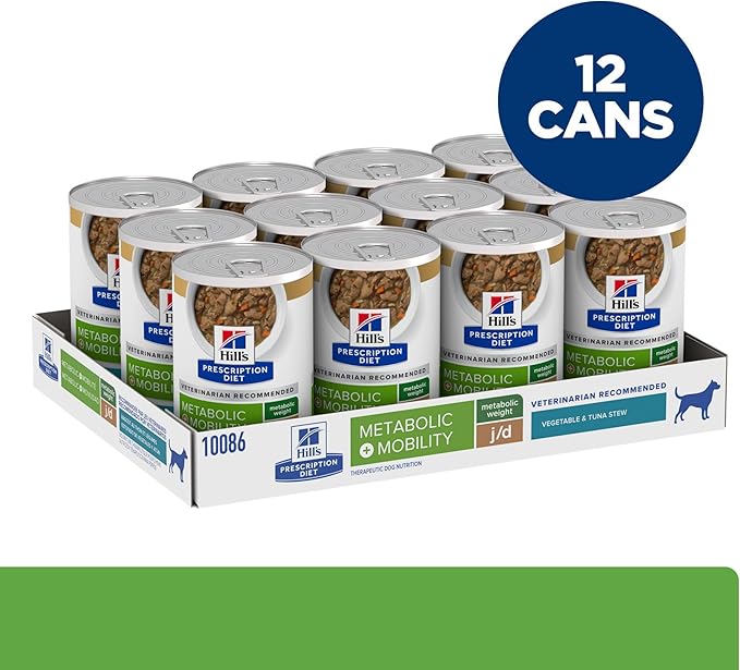 Hill's Prescription Diet Metabolic + Mobility, Weight + j/d Joint Care Vegetable & Tuna Stew Wet Dog Food, Veterinary Diet, 12.5 oz. Cans, 12-Pack