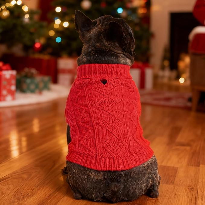 PUPTECK Dog Sweater, Turtleneck Warm Knitted Pullover Coat, Thick Cable Knitwear Clothes in Winter, Pet Apparel Outfits for Small Medium Dogs, for Cold Weather Indoor & Outdoor, Red SM