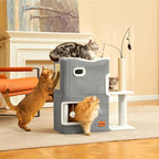 Cat Bed Cave for Indoor Cats with Scratch Pad Cat House Condo Adults with Fluffy Ball Cats Hideaway Large 2-Storey Cube Beds for Pets Grey