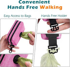 PetBonus Dog Poop Bag Holder, Portable Pet Waste Bag Dispenser, 2 Pouches for Treats and Walking Accessories, Fit All Leashes, Includes 1 Roll of Dog Poop Bags (Pink)