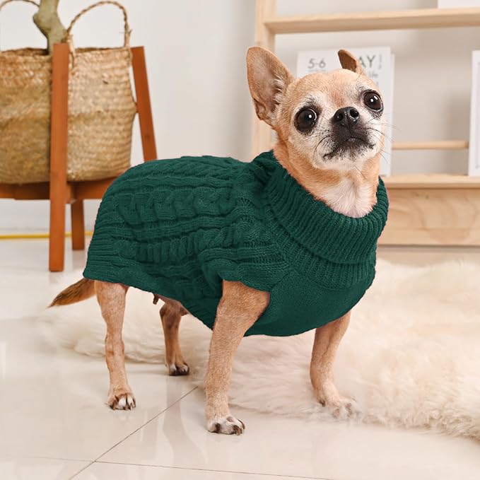 2 Pack Dog Sweaters for Small Dogs Turtleneck Pullover Cable Knit Puppy Stretch Clothes Chihuahua Yorkie Pomeranian Toy Poodle Boy Girl Pets Winter Doggie Clothes (S, Green & Brown)