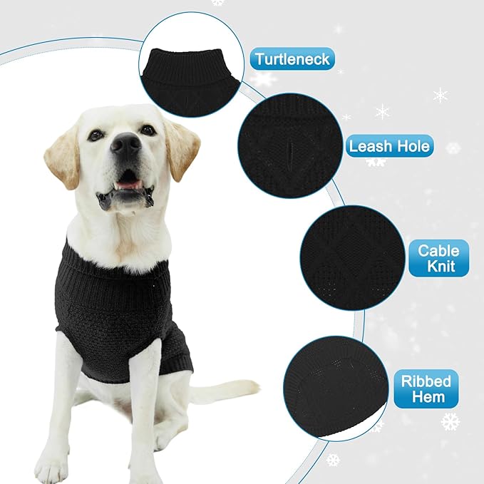 Mihachi Turtleneck Dog Sweater - Winter Coat Apparel Classic Cable Knit Clothes with Leash Hole for Cold Weather, Ideal Gift for Pet in New Year Black X-Small