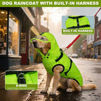 Dog Raincoats for Large Dogs with Hood, Waterproof Dog Rain Jacket with Adjustable Built-in Harness & Back Zipper, Reflective Strip, for Rainy Walks, Muddy Roads - Fluorescent Green XXXL